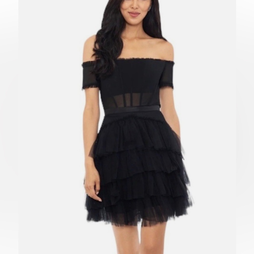 Betsy and Adam Priscilla Off the Shoulder Tulle Corset Tiered Mini Dress